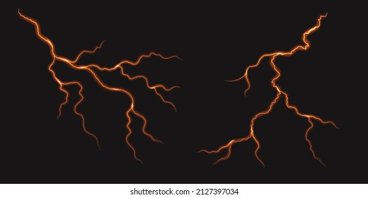 Earthquake thunderstorm cracks. Fire lava, molten magma,  volcano earth breaks. Lightning thunder bolt, glow effect. Volcanic red strikes isolated. Vector illustration.