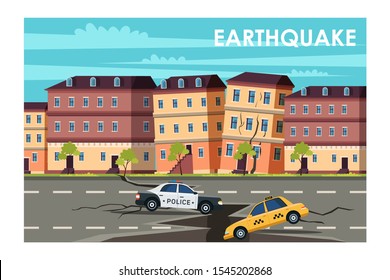Earthquake in town flat vector illustration. Natural disaster, cataclysm, catastrophe damage concept. Building destruction, ground fault. Seismic activity, temblor process. Cityscape background