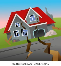 Earthquake, Tremor Of The Ground. Natural Calamity, Disaster, Hazard. Distraction Of The House. Cracks.  Vector Illustration.