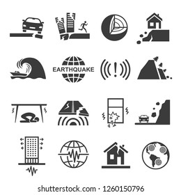 Earthquake tsunami disaster and destruction black icon set. Quake, tremor or temblor, shaking of the surface of the Earth. Vector line art illustration on white background