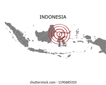 Earthquake And Tsunami In Sulawesi, Indonesia With Circle Affected Area Illustration Vector