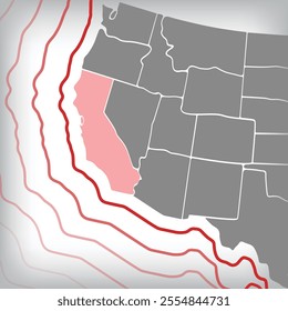 Earthquake, tsunami warning in California, USA. earthquake line and radial lines on the USA map