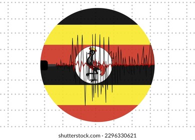 Earthquake in Uganda concept, seismic wave with flag, natural disasters news banner idea, quake in Uganda, vector design, seismograph or seismometer, earthquake vibration