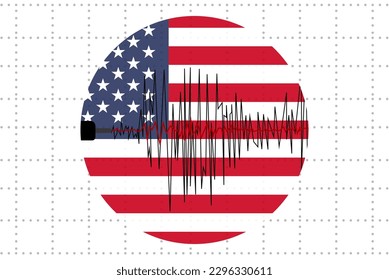 concepto de terremoto en EEUU, ola sísmica con bandera, idea de banner de noticias de desastres naturales, terremoto en EEUU, diseño vectorial, sismógrafo o sismómetro, vibración de terremotos