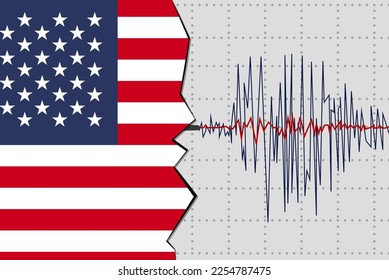 Terremoto en EEUU, idea de pancarta de noticias sobre desastres naturales, temblor en EEUU, ola sísmica con bandera, diseño vectorial, sismógrafo o sismómetro, concepto de vibración por terremotos