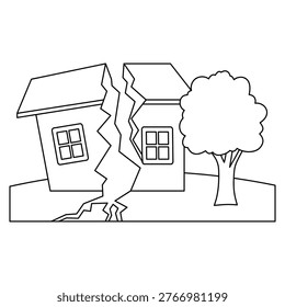 Earthquake vector illustration, earthquake cracked ground house disaster line icon, earthquake damaged house coloring page, natural disaster line drawing vector illustration, isolated on white background
