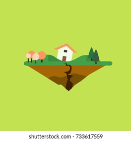 Earthquake vector illustration with house and trees in green background