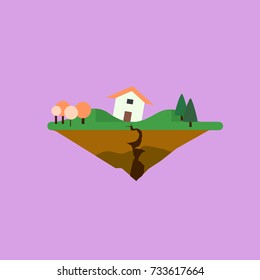 Earthquake vector illustration with house and trees in pink background