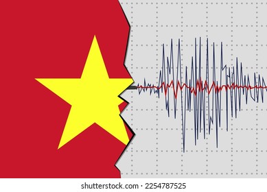 Earthquake in Vietnam, natural disasters news banner idea, quake in Vietnam, seismic wave with flag, vector design, seismograph or seismometer, earthquake vibration concept