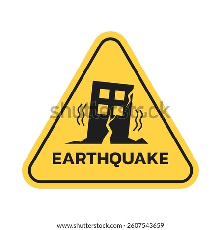 Earthquake Warning Sign With Crack Building Symbol in Yellow Triangle Board. Safety Notice, Hazard Alert, Risk Dangerous Zone, Broke Damage Residential Area. for Disaster Emergency Hazard Alert.