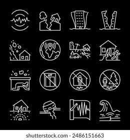 Earthquake, white line icons. Disaster damage, emergency response, and evacuation. Essential for safety and environmental themes. Symbols on black background. Editable stroke.
