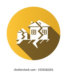 Earthquake yellow flat design long shadow glyph icon. Seismic activity. Temblor buildings destruction. Cracked ground and houses. Natural disaster. Vector silhouette illustration