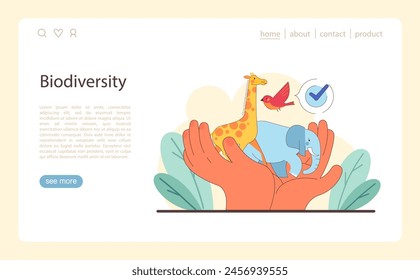 Earth's biological variety. Hands Cherishing diverse animal species. Balanced ecosystem, nature conservation and vitality. Flat vector illustration
