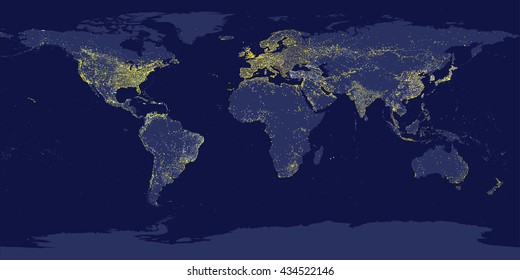 Mapa de las luces de la ciudad de la Tierra con siluetas de continentes