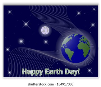 Earth's Day card with a globe and the moon in the star sky. 10eps. Vector illustration.