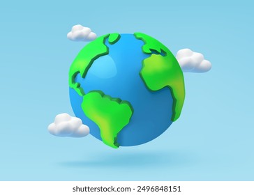 Earth's ecosystem with atmosphere, water and clouds surrounding the planet. 3d vector design.