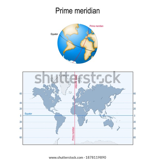 Earth\'s Equator, and Prime meridian on a globe.\
map with parallels, longitude and latitude. Geographic coordinate\
system