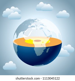 Earth's perspective design, cross-section exposed core, mantle. Background has clouds.