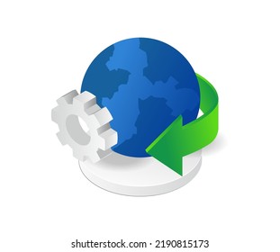 Earth's Rotation With Gear In Isometric And Flat Illustration