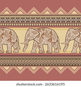 Earth-tone Thai elephants marching along classic horizontal borders inspired by traditional fabric weaving. The beige and maroon color palette reflects cultural elegance, ideal for ethnic packaging.