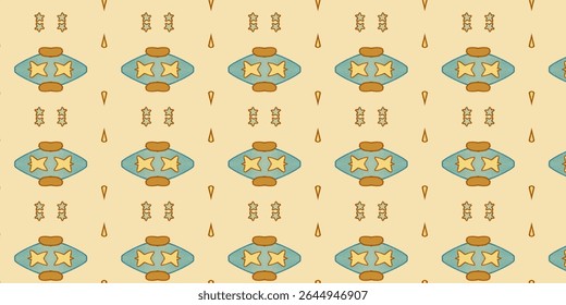 Padrão abstrato em tons de terra com laranja, marrom e azul no fundo bege. Perfeito para decoração vintage, têxteis e desenhos de parede artística.