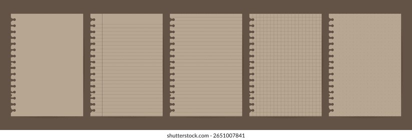 Papel de caderno em tons de terra com linhas marrons em papel marrom estilo kraft. Inclui padrões simples, com régua, margem vermelha, grade e pontos com furos laterais.