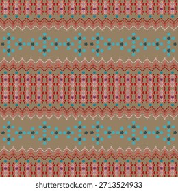 Patrón de píxeles geométricos sin costuras en tonos tierra. Rayas inspiradas en el suroeste con flores y cruces sobre un fondo taupe. Ideal para el otoño acogedor o rústico textil y diseño de papel.