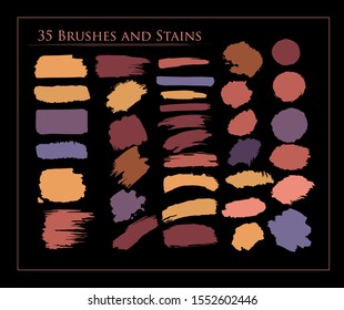 Earthtones Brown Vector Smears. Rough Color, Cosmetics, Lipstick, Mascara Ink Spots, Paint Brush Set. Painted Brushstrokes, Grunge Graffiti Trace. Paintbrush Banners, Uneven Dirty, Distressed Frame.