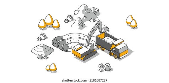 Trabajos de tierra y explosiones, zanjas y pozos de cimiento, extracción de suelo - camión de vertederos y excavadora en un sitio de construcción. Ilustración isométrica vectorial.