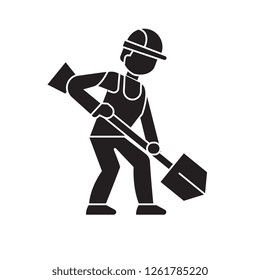 Earthworks, builder with showel black vector concept icon. Earthworks, builder with showel flat illustration, sign