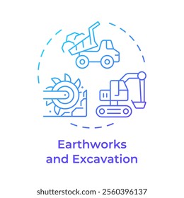 Earthworks and excavation blue gradient concept icon. Digging trenches, pits and foundations. Construction works. Round shape line illustration. Abstract idea. Graphic design. Easy to use in article