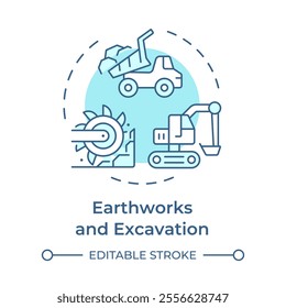 Earthworks and excavation soft blue concept icon. Digging trenches, pits and foundations. Construction works. Round shape line illustration. Abstract idea. Graphic design. Easy to use in article