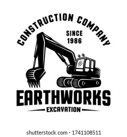 Earthworks vector black emblem, badge, label or patch with excavator. Template for construction company isolated on white background