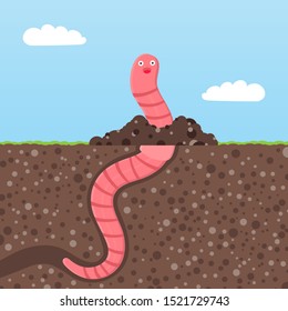 Earthworm cartoon character icon sigh. Worm with face expression smilling pop up above the ground flat style design vector illustration. Crawling animal creature.