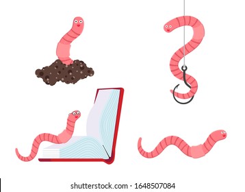 Earthworm cartoon character icon sigh set. Worm with face expression smilling on the hook, book and dirt flat style design vector illustration isolated on white background. Crawling animal creature.