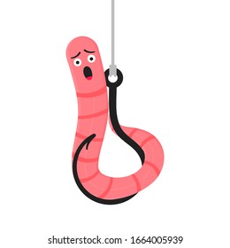 Earthworm cartoon character icon sigh. Worm with face expression smilling on the hook flat style design vector illustration isolated on white background. Crawling animal creature.