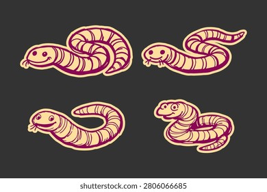 Earthworm character set featuring cute cartoon worms in various poses and positions isolated on a dark gray background with simple hand drawn vector art style
