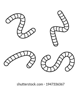 Earthworm. Insect worm set. Bait for fishing. Black and white cartoon illustration