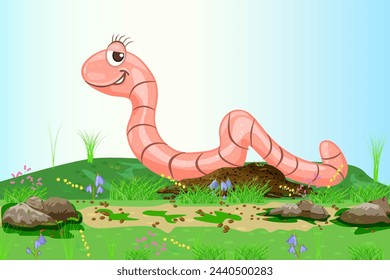 Earthworm in meadow. Cute cartoon caterpillar character in summer field with flowers.  Spring garden lawn and funny screw on sky background. Stock vector illustration