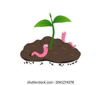 Earthworm on a pile of ground. Worm and young green plant. Vector illustration in flat style, isolated on a white background.