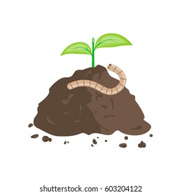 Gusano de tierra en un montón de tierra. Gusano y planta verde. Diseño plano de ilustración de vector.