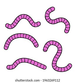 Earthworm. Pink Insect worm set. Bait for fishing. Cartoon illustration