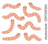 Earthworm set. Worm insect icon. Cartoon funny kawaii baby animal character. Cute crawling bug collection. Smiling face. Pink color. Flat design. White background. Isolated. Vector illustration