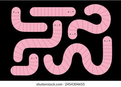 Earthworm set. Worm insect icon. Cute crawling bug collection. Cartoon funny kawaii baby animal character. Pink color. Smiling face. Geometric shape. Flat design. Isolated Black background. Vector