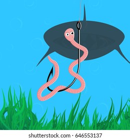 Earthworm swirling around the fishing hook immersed in the water. Striped worm make surprising face with feeling that someone is behind him. Shark swims to the angleworm. Bait vector illustration