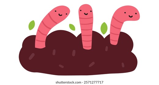 Earthworms in the compost. Flat illustration on white background.