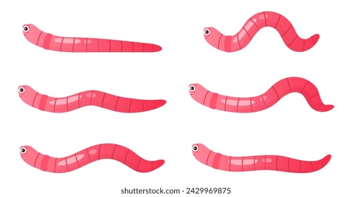 Earthworms crawl set, sequence game animation. Animated stages of walking funny pink worm character with cute comic face, action movement in soil of baby earthworm cartoon vector illustration