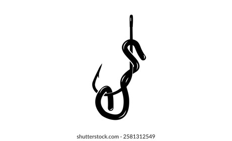 Earthworms on a hook, black isolated silhouette