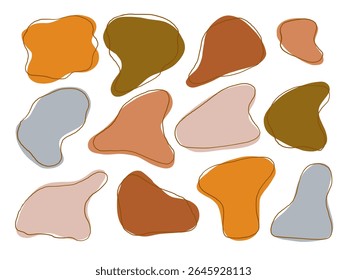 Forma Livre Abstrata De Blob. Uma coleção de 12 bolhas abstratas orgânicas com contornos sobrepostos e tons terrosos como cinza azeitona de terracota e pêssego. Perfeito para o design minimalista abstrato
