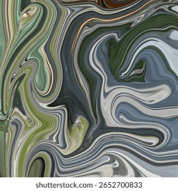 O abstrato terroso rodopia a arte em tons verdes, cinzas e pretos. Este padrão em tons naturais cria uma atmosfera temperamental e orgânica perfeita para o design contemporâneo ou fundos.